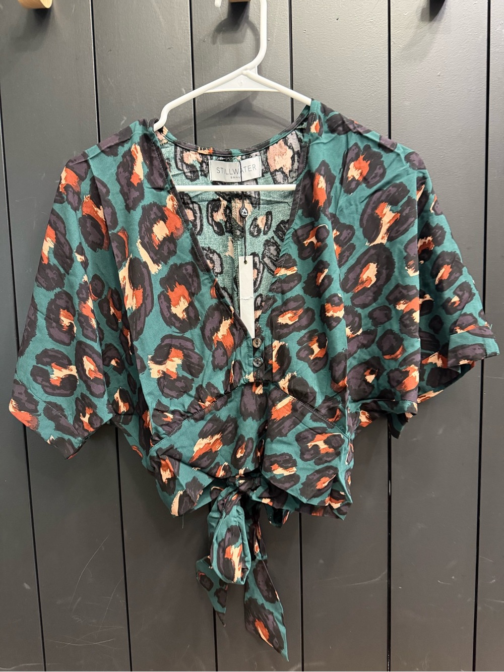 Stillwater Teal Leopard-Print Tie-Front Crop Top